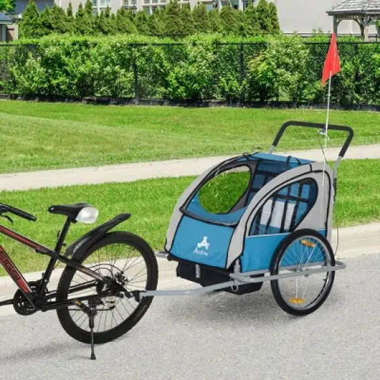 Aosom Elite Three-Wheel Bike Trailer for Kids Bicycle Cart for Two Children with 2 Security Harnesses & Storage image {2}