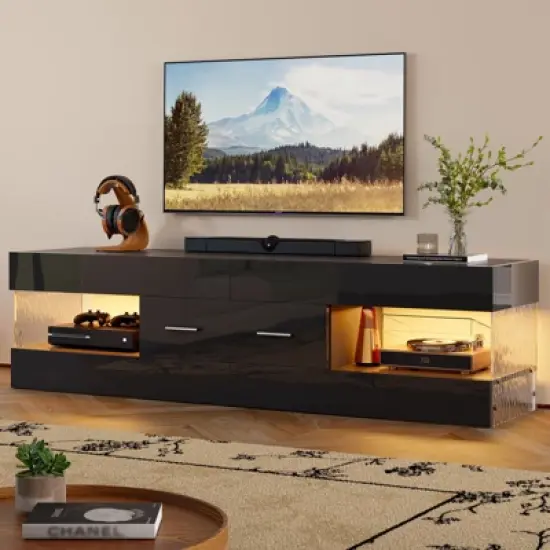 Bestier Black High Gloss TV Stand for TV up to 65" LED Television Entertainment Center Modern TV Cabinet with Storage Drawers image {5}