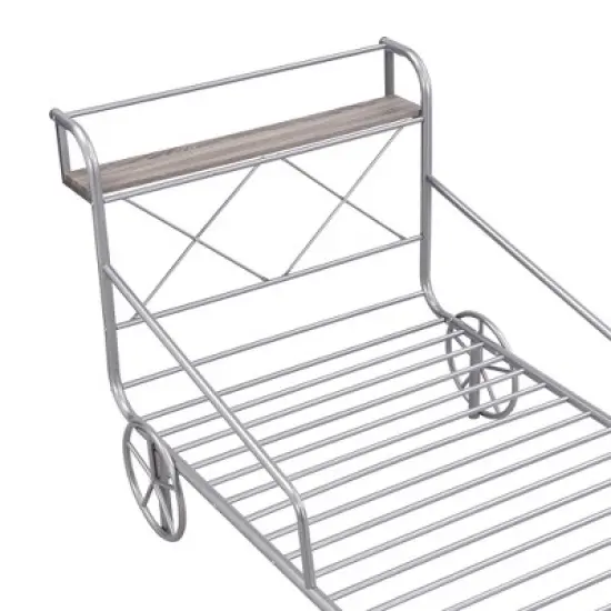 Twin Size Metal Car Bed with Four Wheels, Guardrails and X-Shaped Frame Shelf - ModernLuxe image {9}