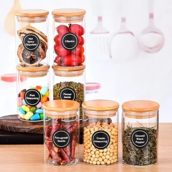 12 Pcs Round Spice Jars with Bamboo Lids and Stickers, Glass Storage Jars, Candy Jars, Coffee Jars, Salt Jars, Pepper Jars, Tea Jars image {5}