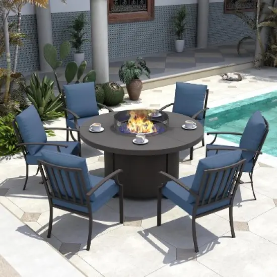 ALAULM 7 Piece Metal Outdoor Patio Furniture Set with 48" Round Fire Pit Table image {10}