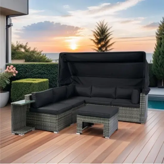 YOOCOZZ Outdoor PE Wicker Daybed & Sectional Sofa with Retractable Canopy and Removable Cushions - Black image {14}