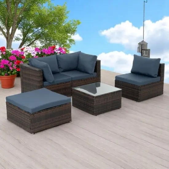 5-Piece Patio Furniture Set with PE Wicker Furniture set, Tempered Glass Table, Cushions with Zipper,Outdoor Furniture set image {2}