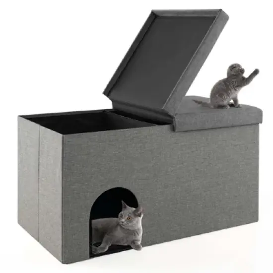Costway Cat Litter Box Enclosure Hidden Furniture Cat Washroom Shoe Storage Bench Beige/Grey image {9}