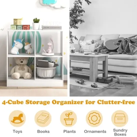 Costway Kids Toy Storage Organizer 4-Cube Wooden Display Bookcase with Anti-toppling Device image {7}
