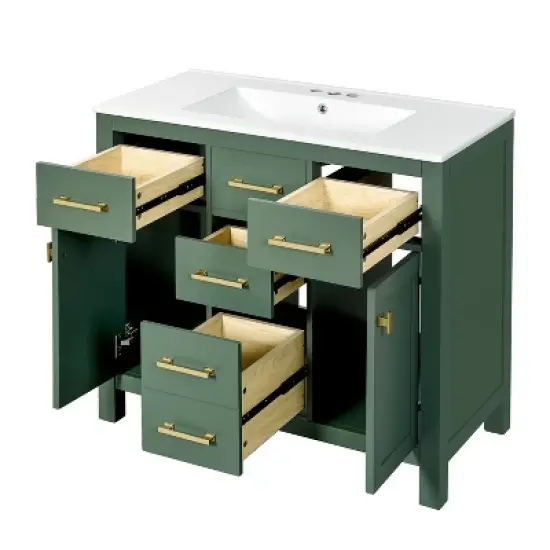 36" Freestanding Bathroom Vanity With Ceramic Sink, 2 Cabinets and 4 Drawers, Green 4W - ModernLuxe image {9}