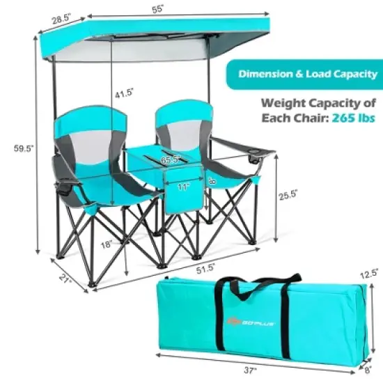 Costway Portable Folding Camping Canopy Chairs w/ Cup Holder Cooler Outdoor Turquoise image {2}