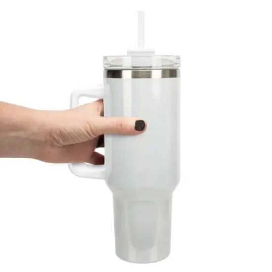 100 North 40 Ounce Stainless Steel Double Wall Insulated Glitter Travel Tumbler With Handle, Straw, and Lid, Brittany Spaniel White image {3}