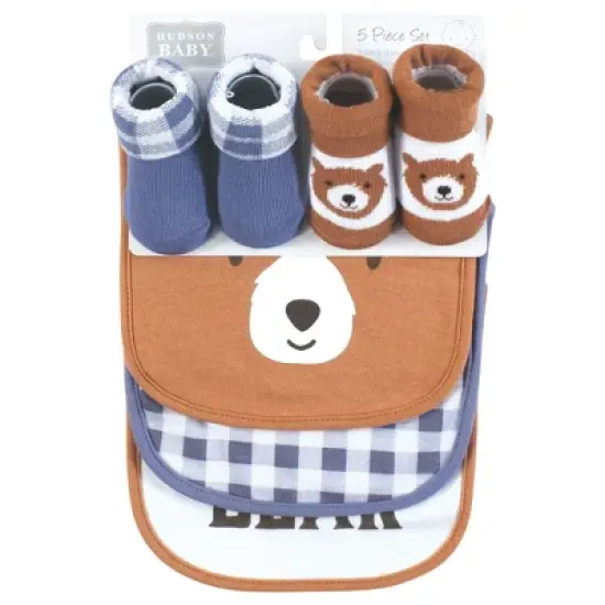 Hudson Baby Infant Boy Cotton Bib and Sock Set, Little Brown Bear, One Size image {1}