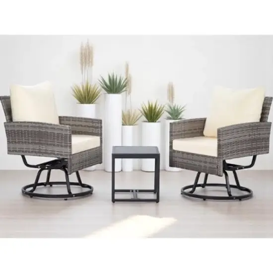 3-Piece Wicker Patio Furniture Set, Rattan Swivel Chairs with Coffee Table, Outdoor Seating for Porch, Balcony, or Garden &ndash;Wicker with Cushions image {15}
