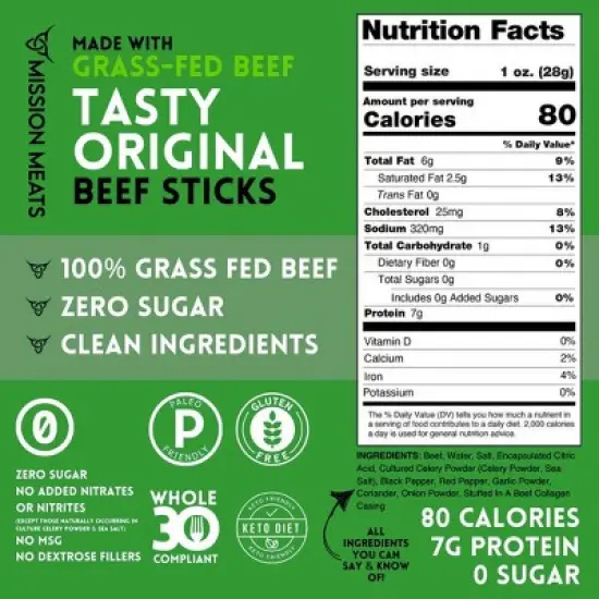 Mission Meats Beef Sticks &ndash; 100% Grass Fed & Pasture Raised, Sugar Free, Individually Wrapped Healthy Snacks, Whole 30 & Paleo, Original 1oz (12ct) image {2}