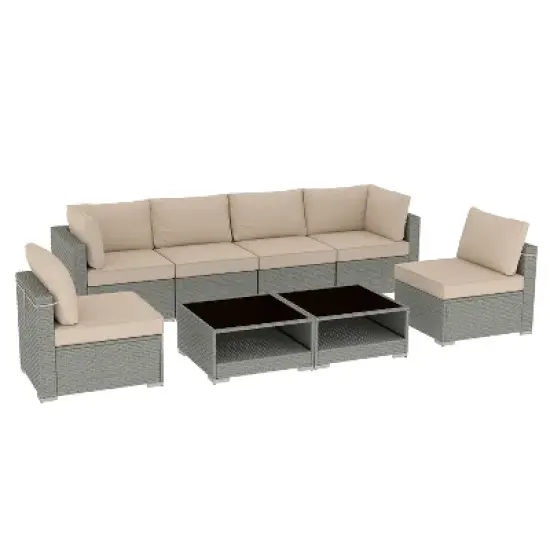GDFStudio Dana Outdoor 6-Seater Rattan and Metal Upholstered Sectional Sofa Set with Coffee Table image {1}