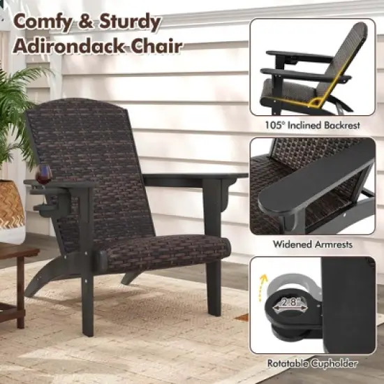 Costway Patio Adirondack Chair with Rattan Padded Seat Wide Armrests & Hidden Cupholder Black/Brown/Gray/White image {7}