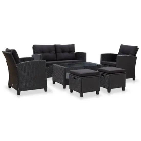 vidaXL 6 Piece Patio Sofa Set - Black Poly Rattan Outdoor Furniture with Thick Cushions and Durable Powder-Coated Steel Frame image {1}