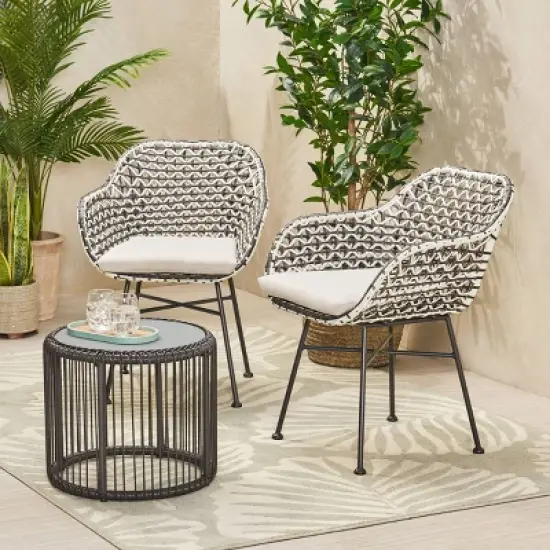 Neblett 3pc Patio Wicker Chat Set - White/Beige/Black - Christopher Knight Home image {1}