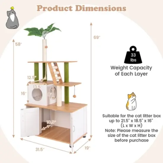 Tangkula All-in-One Cat Tree w/ Litter Box Enclosure Cat Tower Scratching Posts Ladder image {8}