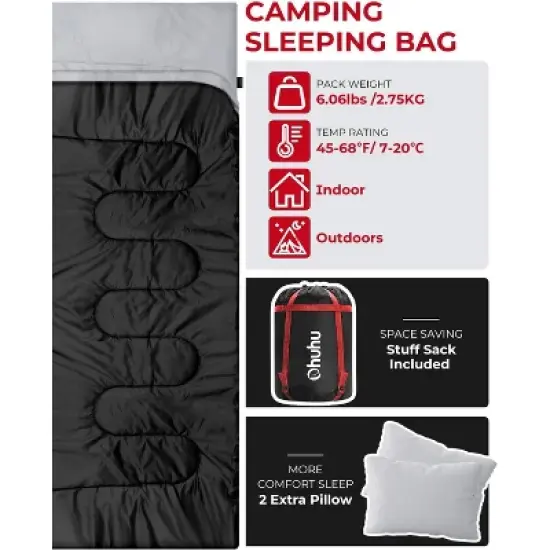 Ohuhu Double Sleeping Bag for Adults with 2 Pillows, Queen Size Two Person Sleeping Bag for Camping image {1}