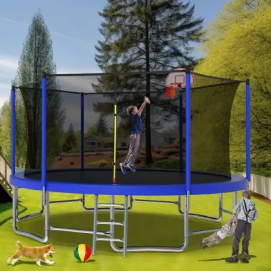 HFYee 8/10/12/14/10*16FT Backyard Trampoline Basketball Kit with Bonus Balls & Safety Enclosure for Ages 8+, Blue image {4}