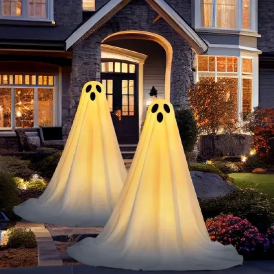Joyfy 2 Pack 47'' Halloween Standing Ghost Outdoor Decoration,  White Ghost with Warm String Light Haunted House Prop for Garden Yard Porch Lawn Decor image {3}