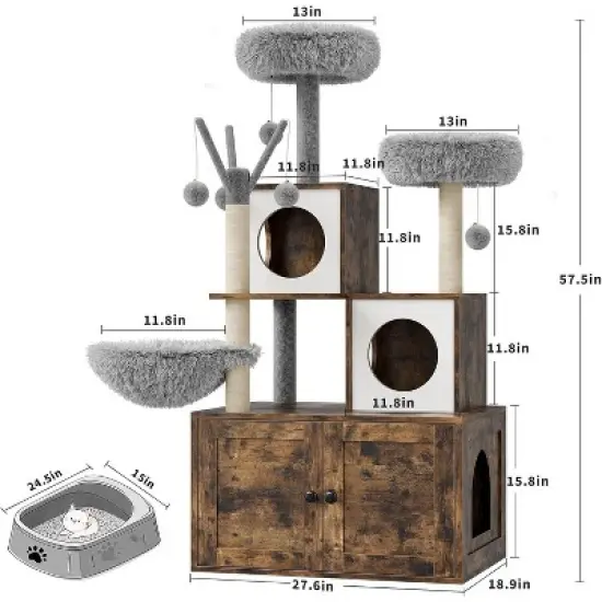 54in Tall 2-in-1 Wooden Cat Tree, Modern Multi-Level Pussy Tower Condo Toilet Furniture, Large Cat Play House, Scratching Post and Dangling Balls image {1}