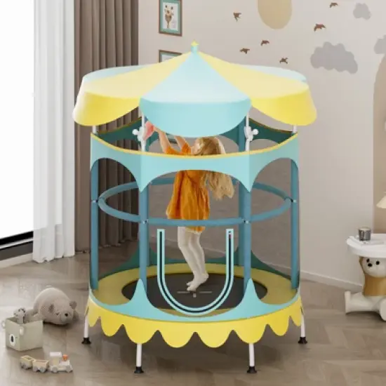 Infans 64" Kids Trampoline w/ Detachable Canopy Safety Enclosure Net Foam Handle Yellow image {2}