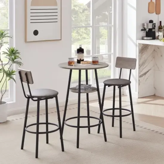 SKRAN Set of 3 Pub Table and Chairs Set, Round Counter Height Table and PU Bar Stools w/Storage Shelf for Breakfast Nook Small Bistro image {11}
