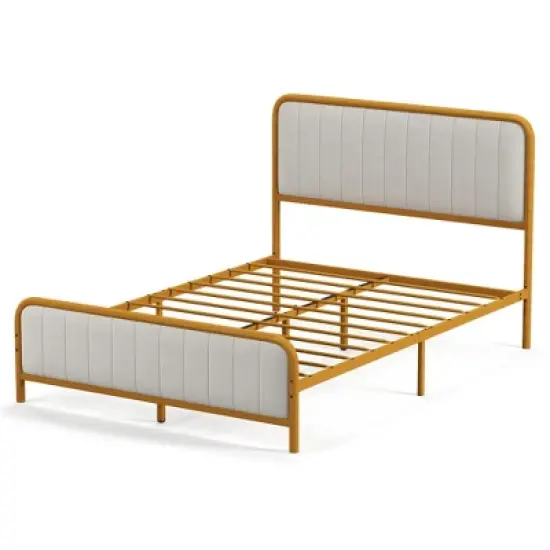 Costway Full Gold Metal Bed Frame Upholstered Platform Bed with Velvet Headboard image {10}