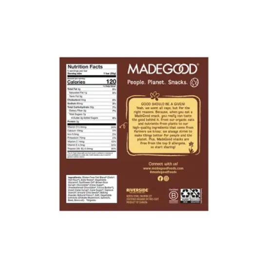 MadeGood Morning Chocolate Chip Bars - 5ct/5.3oz image {1}