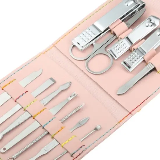 Unique Bargains Stainless Steel Pedicure Nail Clippers Scissors Set for Men Women Silver Tone with Pink PU Leather 12pcs image {2}