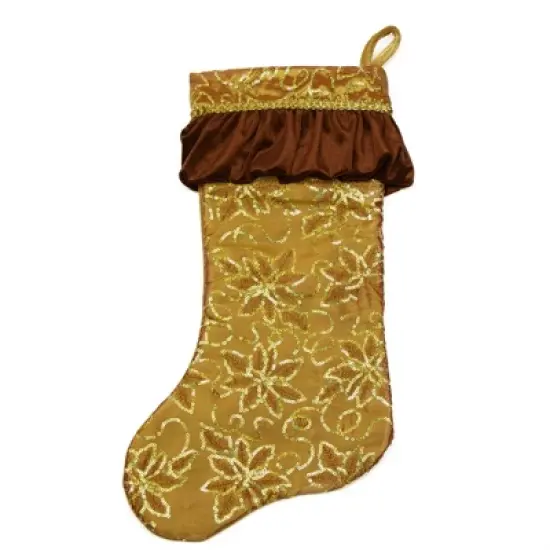 Northlight 19" Gold Sequined Floral Venetian Style Ruffle Cuff Christmas Stocking image {1}