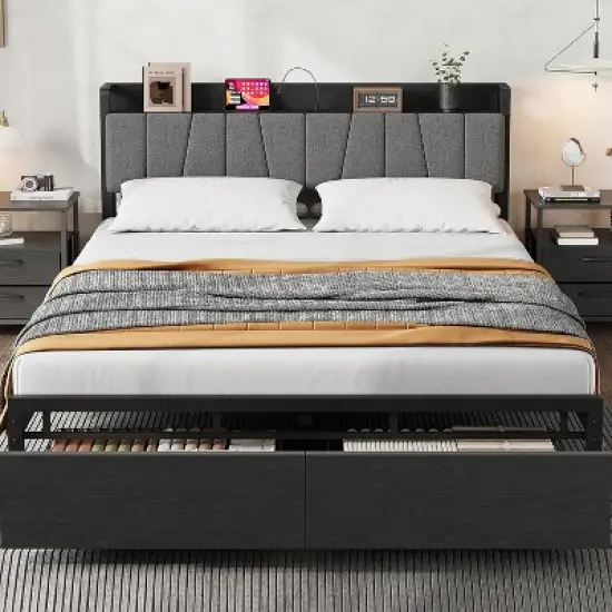 Bed Frame with Storage Headboard, Industrial Platform Bed with 2 Large Drawers and Charging Station, Black No Box Spring Needed Bed frame image {8}