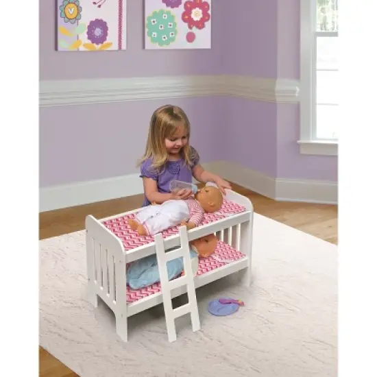 Badger Basket Doll Bunk Bed with Bedding and Ladder &ndash; White/Pink/Chevron image {1}