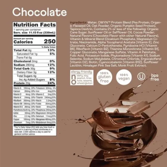OWYN Complete Nutrition Dairy Free Protein Shake - Chocolate - 44.6 fl oz/4pk image {2}