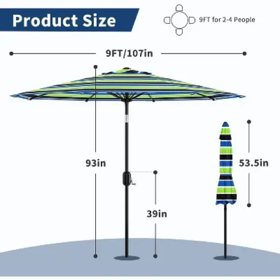 9ft Patio Umbrella, Outdoor Table, UV, Fade, Water Resistant, Crank Lift, Tilt, 8 Ribs, Metal Frame, Tricolor Stripe image {4}