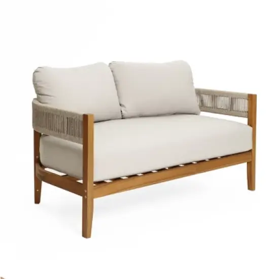 LuxenHome Outdoor Acacia Wood with Rope Sides 4-Person Club Patio Set with Coffee Table image {6}