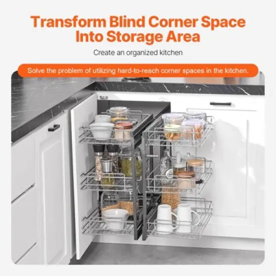 VEVOR Min 15"W Opening Blind Corner Pull Out Organizer, 3 Tier 6 Shelf Kitchen Cabinet Organizer, Chrome Carbon Steel Storage Basket, Gray image {2}