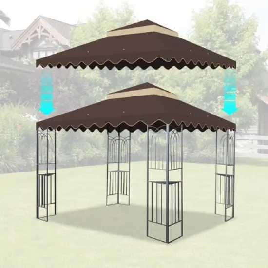 DOMETOUR 10x10 Ft Outdoor Patio Gazebo Replacement Canopy,Double Tiered Gazebo Tent Roof Top Cover Only wavy border(Frame Not Include)-BROWN image {1}