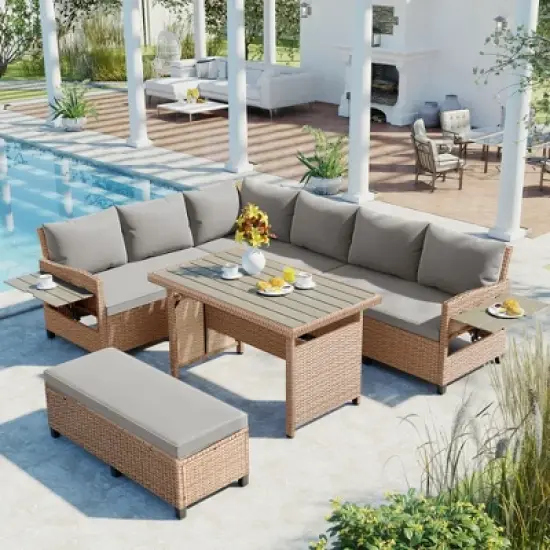 PDTEND 5-Piece Outdoor Patio Wicker L-Shaped Conversation Sofa Set with Cushions, 2 Extendable Side Tables, Dining Table, Washable Covers image {11}