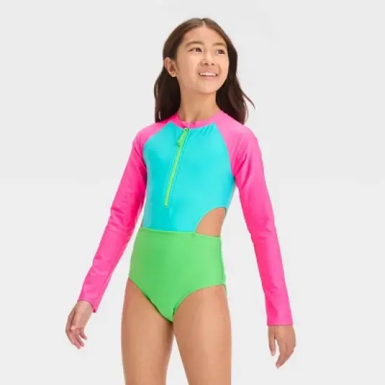 Girls' Solid One Piece Swimsuit - art class&trade; image {3}