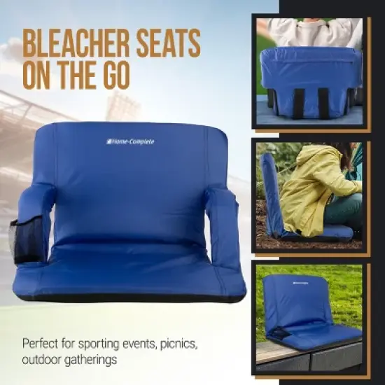 Wide Stadium Seat Chair - Bleacher Cushion with Padded Back Support, Armrests, 6 Reclining Positions and Portable Carry Straps by Home-Complete (Blue) image {1}