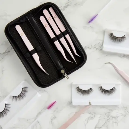 Okuna Outpost 6 Piece Metal Precision Tweezer Kit, False Eyelash Fake Lashes Extension Applicator with Storage Case, Pink image {1}
