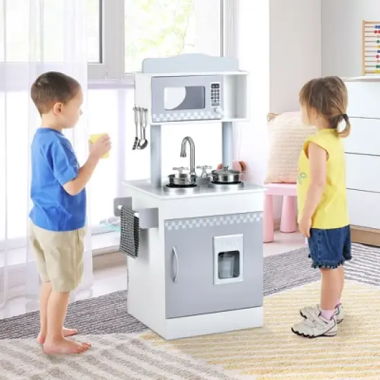 Costway Kids Kitchen PlaySet Pretend Wooden Play Kitchen with IceDispenser&Stovefor Toddler image {3}