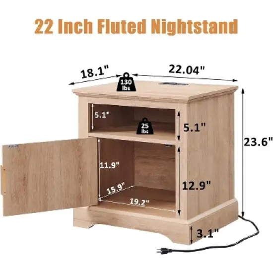 Nightstand with Charging Station, 22" Large Modern Side Table, Wood End Table w/Open Shelf & Spacious Tabletop image {3}