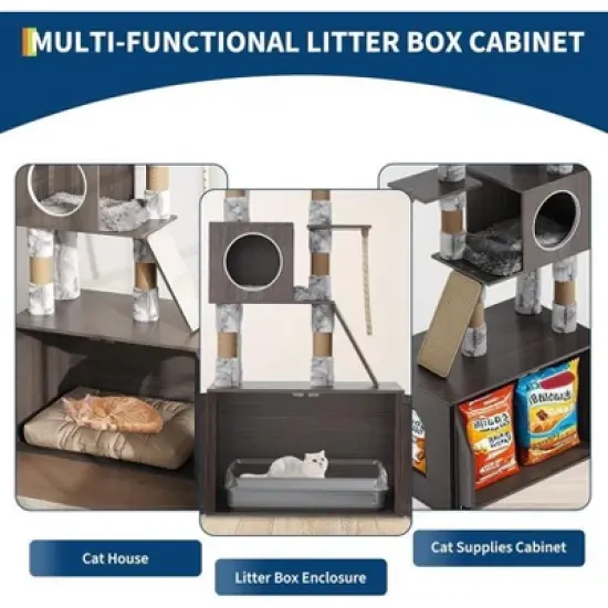 67 Inch Cat Litter Box Enclosure with Cat Tree Tower, Condo with Perch & Scratching Posts - Plush Nest, Multi-Tier Play & Rest image {3}