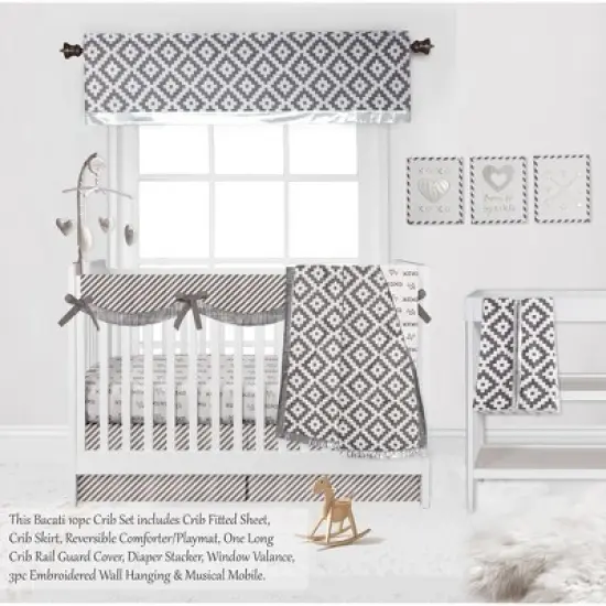 Bacati - Love Design/Print Gray/Silver 10 pc Crib Bedding Set with Long Rail Guard Cover image {3}
