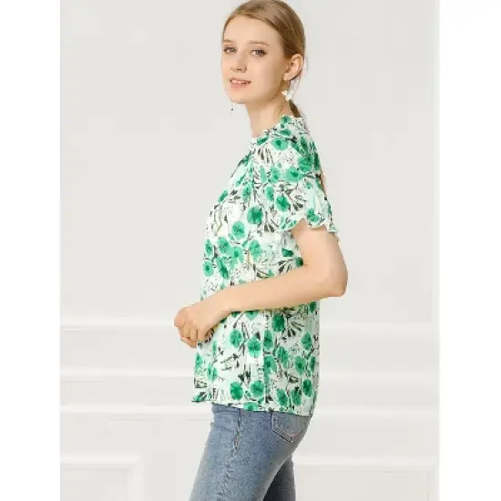 Allegra K Women's Floral Ruffled Short Sleeve Mock Neck Blouses image {3}