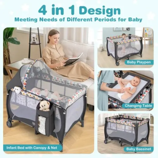 Infans 4 in 1 Portable Baby Playard w/Bassinet, Changing Table, Lockable Wheel, Foldable Travel Baby Crib Nursery Center, Gray, Elephant image {4}