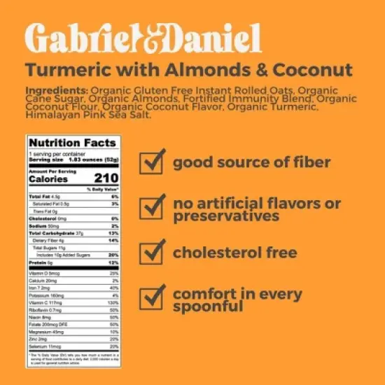 Gabriel & Daniel Instant Oatmeal with Turmeric, Almonds & Coconut | Organic, Gluten-Free, Non-GMO &ndash; High Fiber & Protein Breakfast &ndash; 6 Pack image {3}