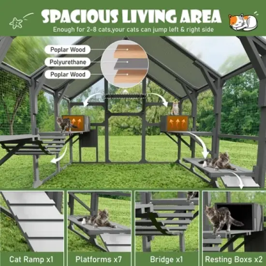 YOOCOZZ Large Catio Outdoor Cat Enclosure, Wooden Cat House with 7 Platforms, 2 Resting Boxes, 1 Bridge and 1 Ramp, Sunshine Board Roof-Gray image {7}