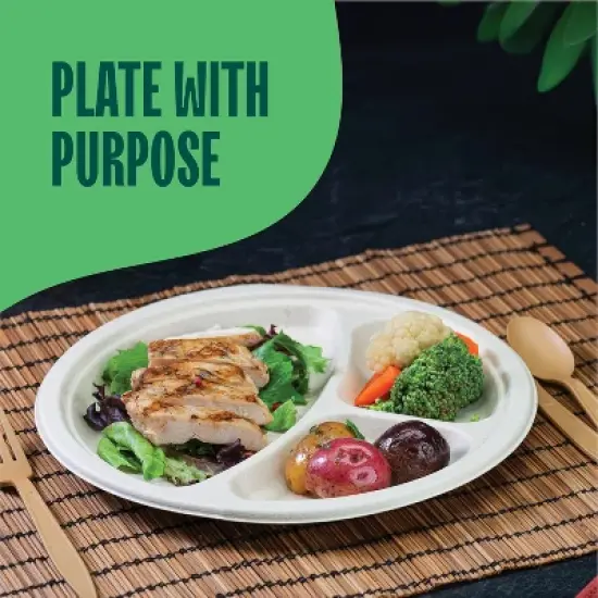 Attop 100% Compostable, 3 Compartment, Disposable Paper Plates [125-Pack] [10 Inch] Heavy Duty Divided Platte Tray image {2}